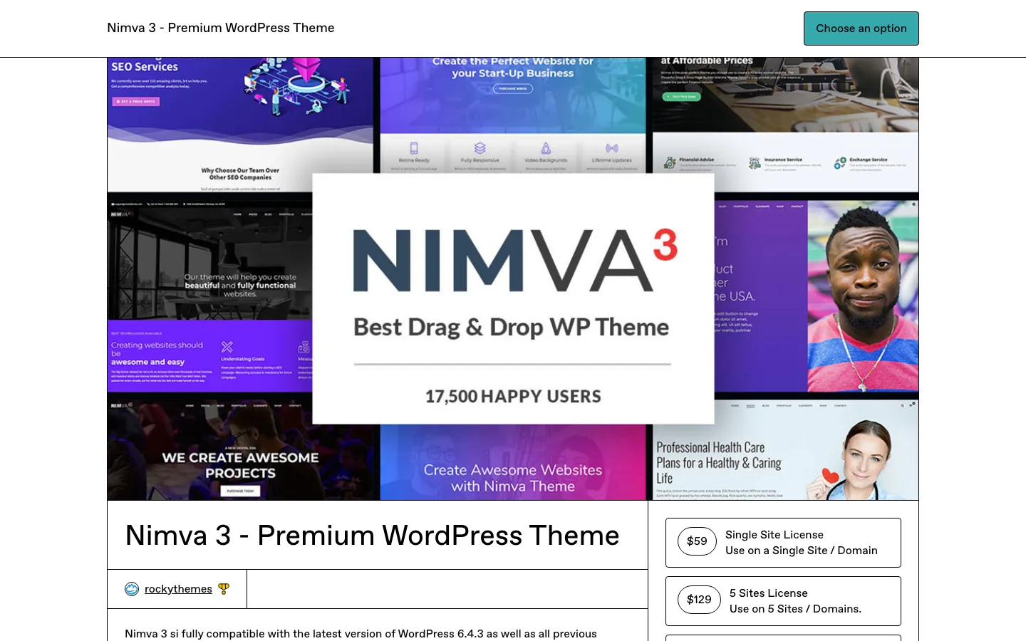 Nimva 3 Premium WordPress Theme listing on Gumroad with demo previews and license options