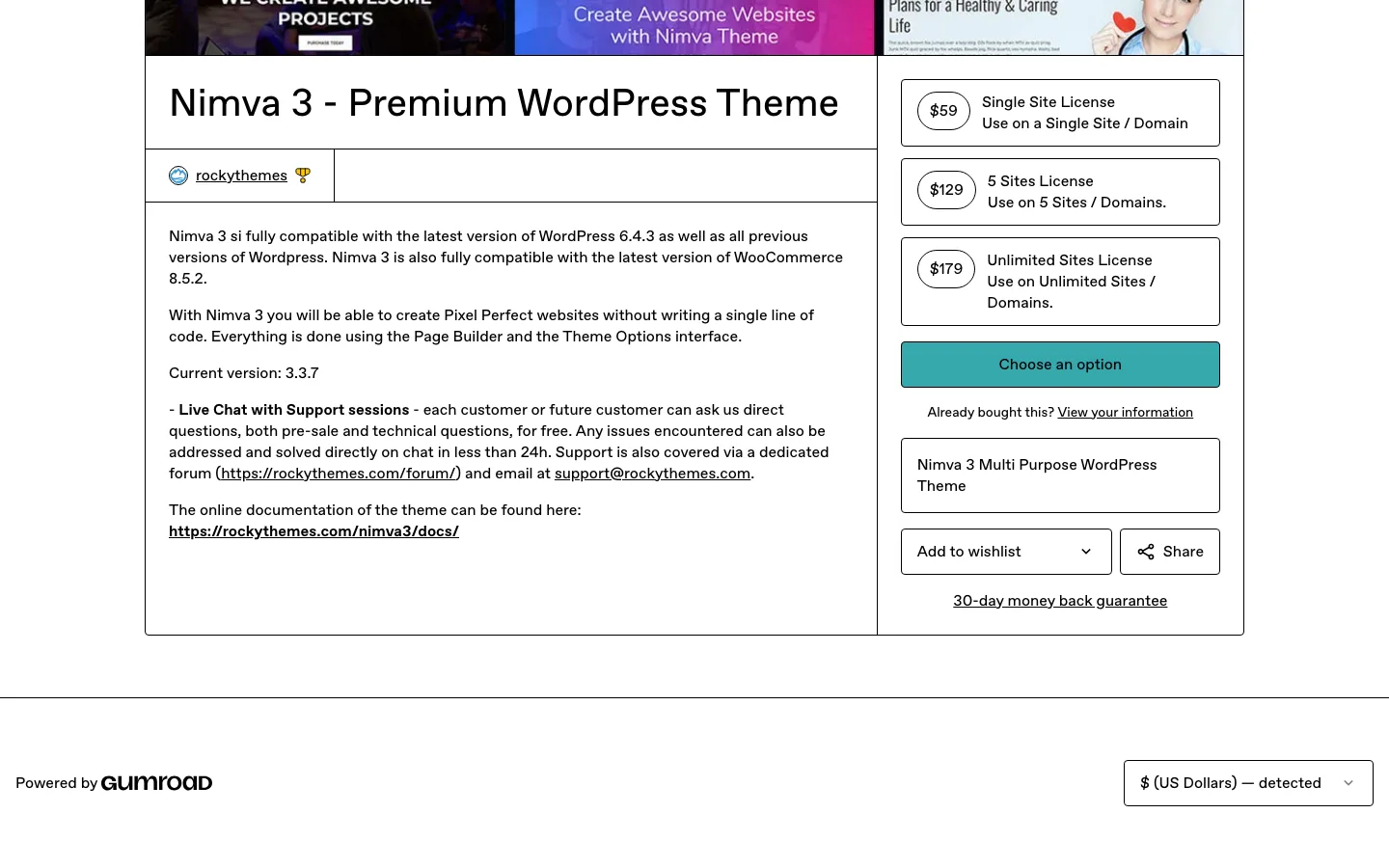 Nimva 3 license options on Gumroad: $59 single site, $129 for five sites and $179 unlimited