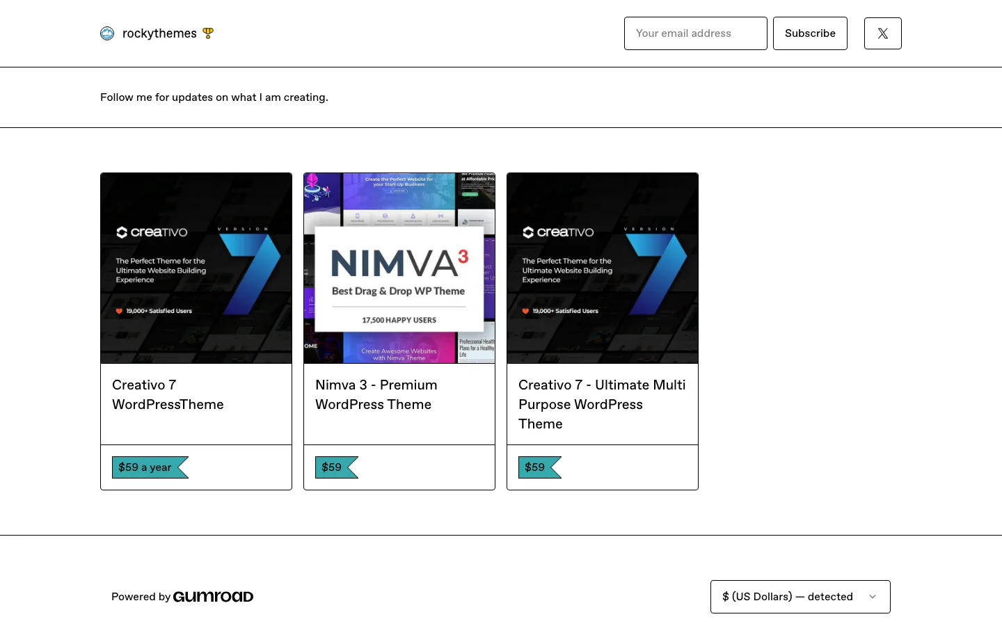 RockyThemes Gumroad store listing Creativo 7 and Nimva 3