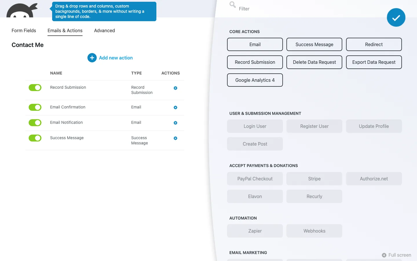 Ninja Forms Add New Action panel showing seven core actions available and payment, automation and user actions greyed out