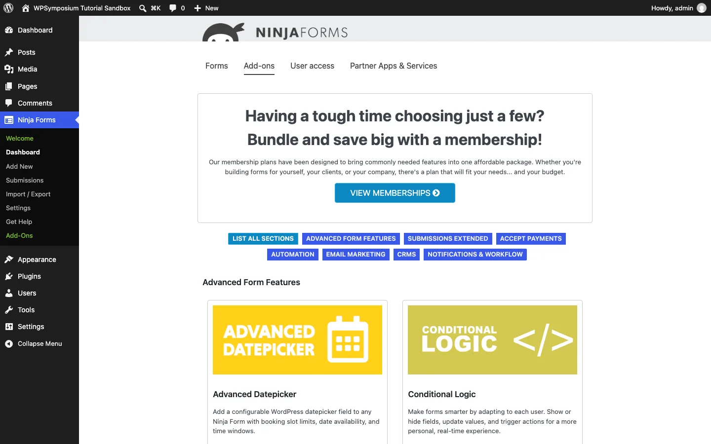 Ninja Forms Add-ons screen inside WordPress with a membership banner and add-on cards for Advanced Datepicker and Conditional Logic