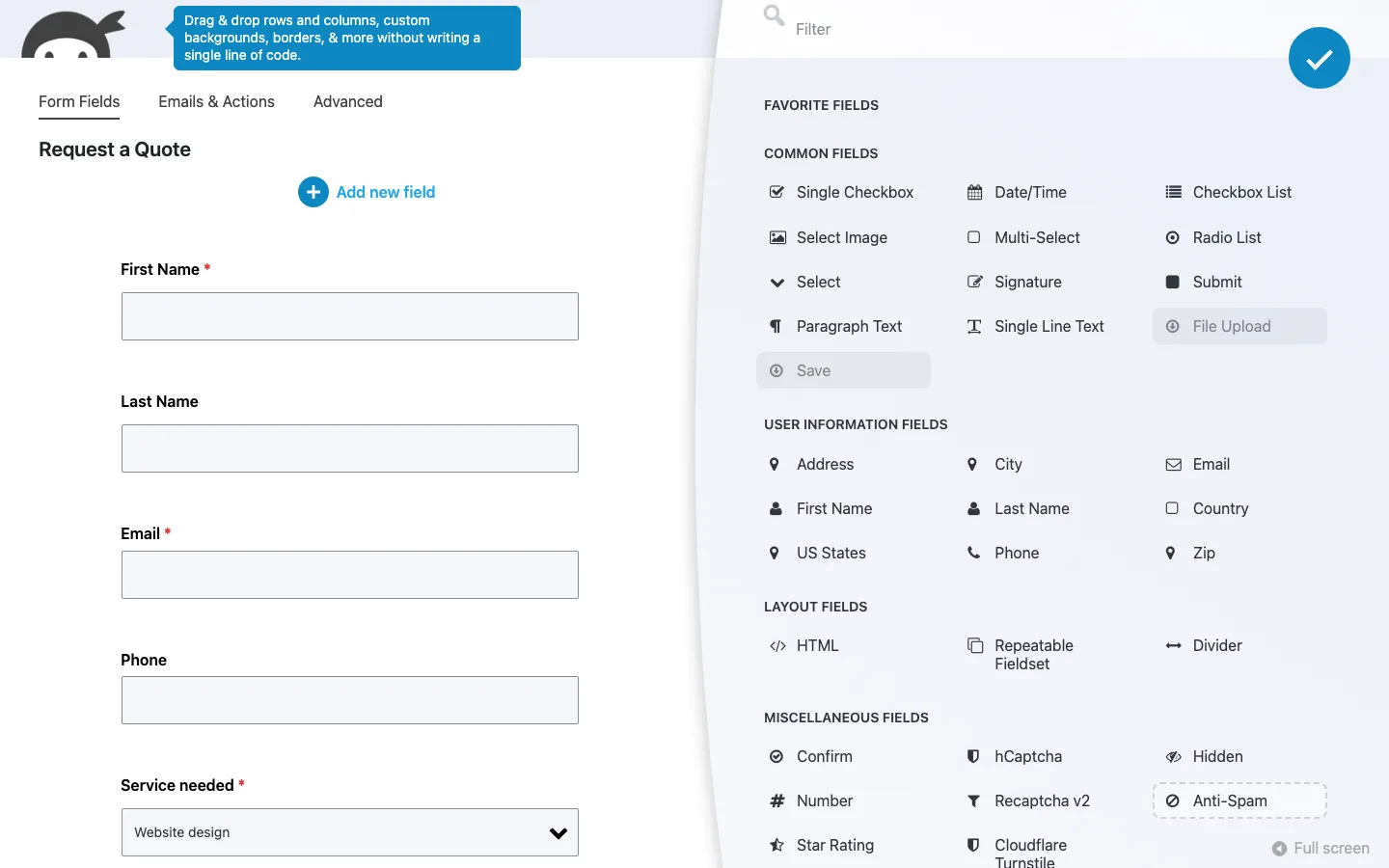 Ninja Forms form builder with the Add Field panel open, showing 33 field types with File Upload and Save greyed out