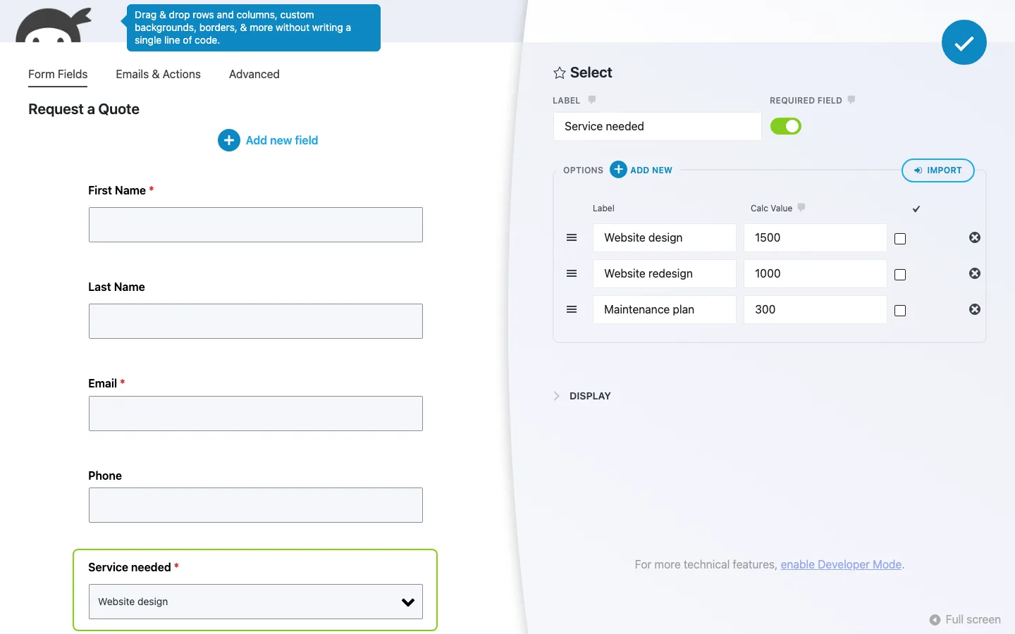 Ninja Forms field settings panel for a dropdown called Service needed, with calc values of 1500, 1000 and 300 next to each option