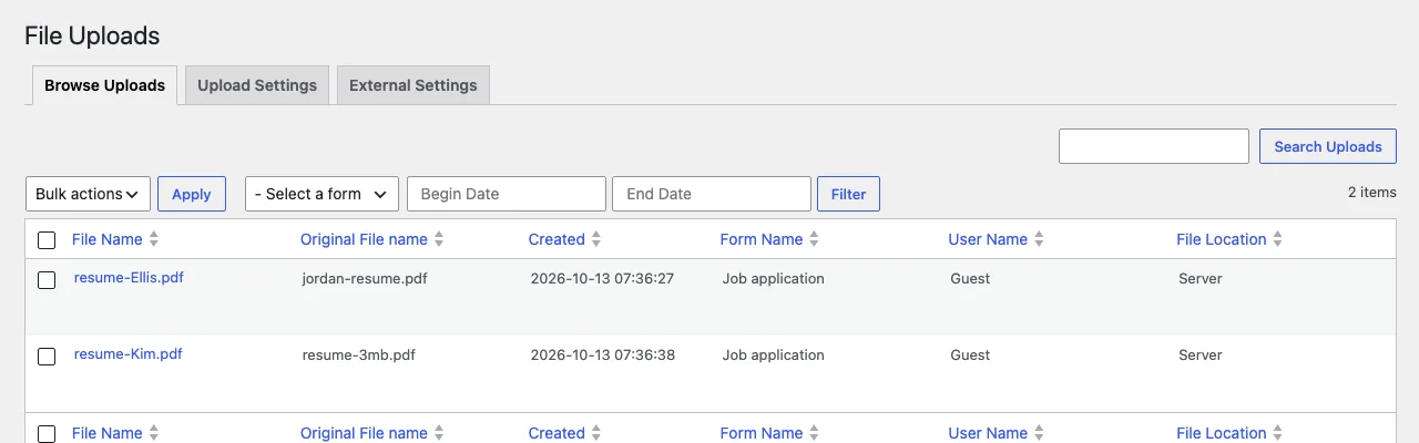 File Uploads Browse Uploads screen listing resume-Ellis.pdf and resume-Kim.pdf with their original file names, the Job application form, user Guest and file location Server