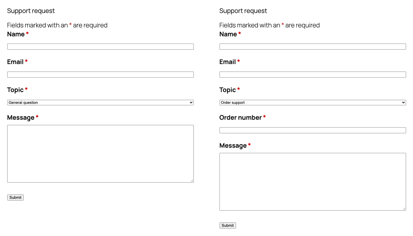 The Support request form shown twice: with General question selected there is no Order number field, and with Order support selected an Order number field appears between Topic and Message