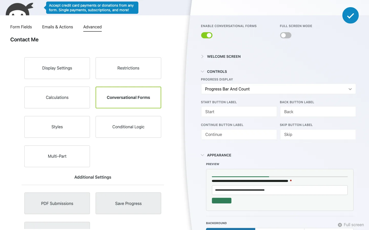 Ninja Forms Conversational Forms settings for the Contact Me form: Enable Conversational Forms on, Full Screen Mode off, Progress Display set to Progress Bar And Count, button label fields and an Appearance preview