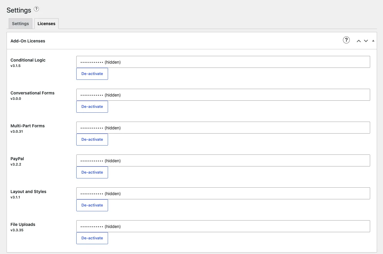 Ninja Forms Licenses tab listing Conditional Logic 3, Conversational Forms 3, Multi-Part Forms 3.0.31, PayPal 3.2.2, Layout and Styles 3.1.1 and File Uploads 3, each with a hidden license key and a De-activate button