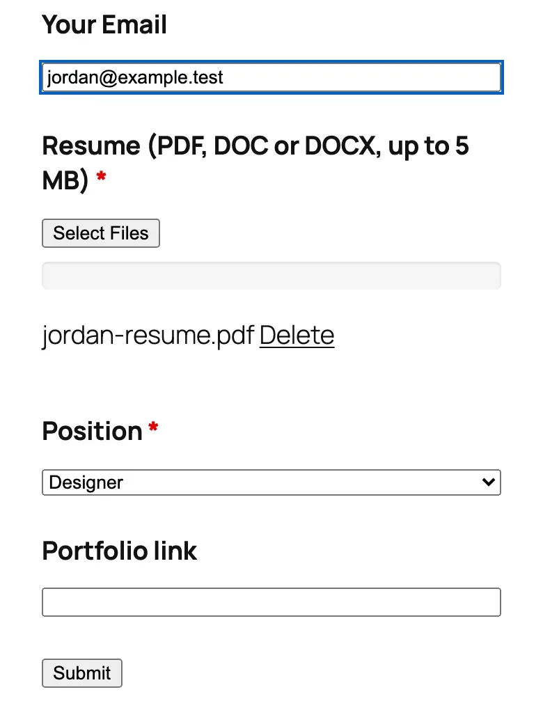 The job application form on a phone-sized screen with a PDF resume uploaded, Designer selected as the position and the Portfolio link field showing