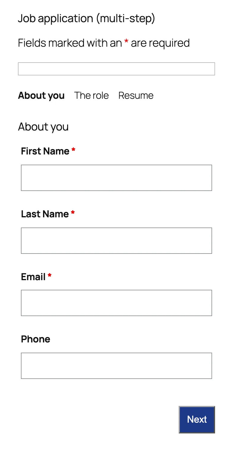The first step of the multi-step job application on a phone-sized screen, with First Name, Last Name, Email and Phone stacked in one column and a blue Next button