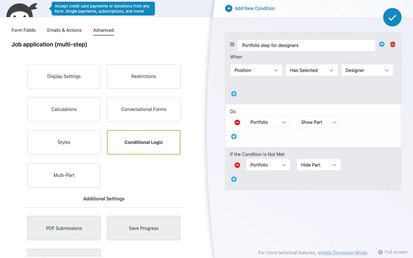 Ninja Forms Conditional Logic panel with a rule named Portfolio step for designers: when Position has selected Designer, show part Portfolio, otherwise hide part Portfolio