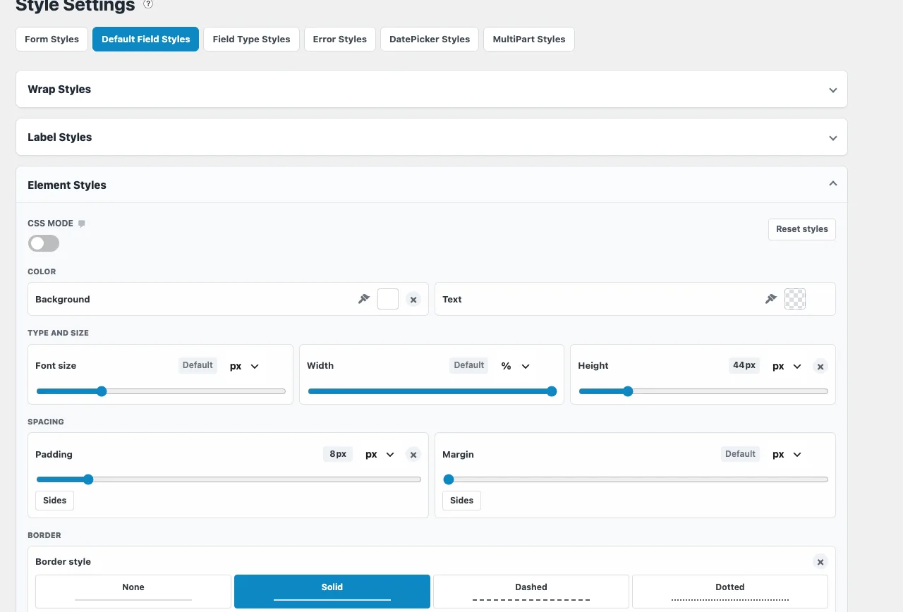 The Styling page in Ninja Forms on the Default Field Styles tab, with Element Styles open showing color pickers, a height of 44 px, padding of 8 px and the Solid border style selected