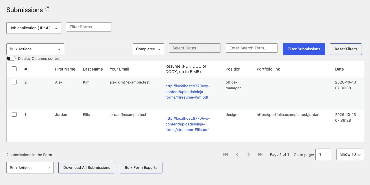 Ninja Forms Submissions screen for the Job application form with two entries, each showing a link to the uploaded resume PDF, plus Download All Submissions and Bulk Form Exports buttons