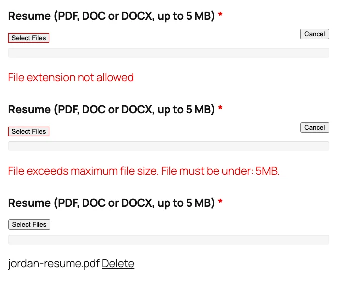 Three states of the resume upload field: File extension not allowed, File exceeds maximum file size. File must be under: 5MB, and a PDF accepted with a Delete link