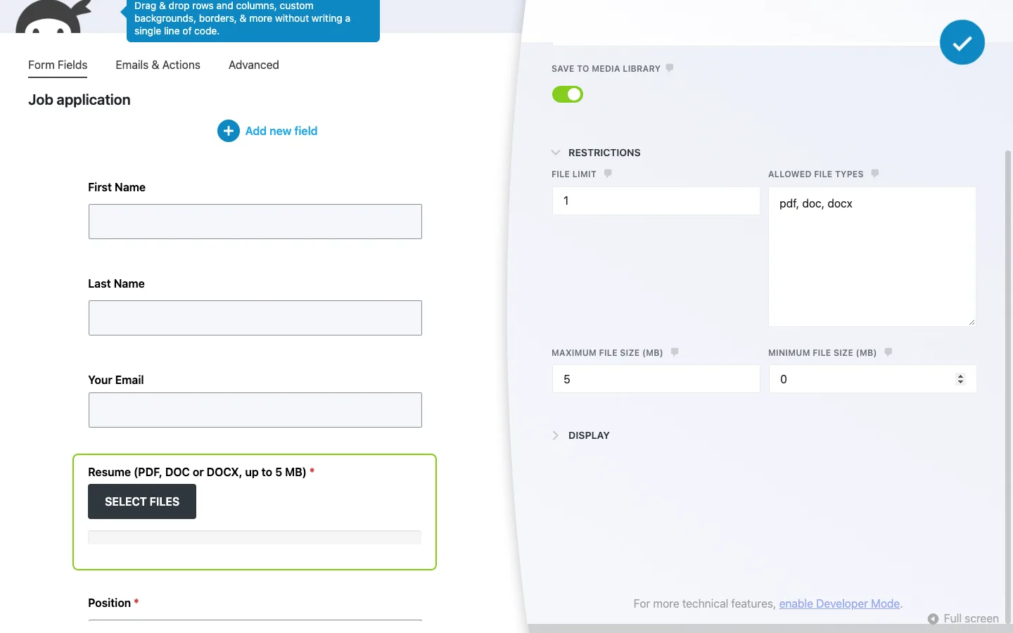 File Upload field settings in Ninja Forms with Save to Media Library switched on, a file limit of 1, allowed types pdf, doc, docx and a maximum file size of 5 MB