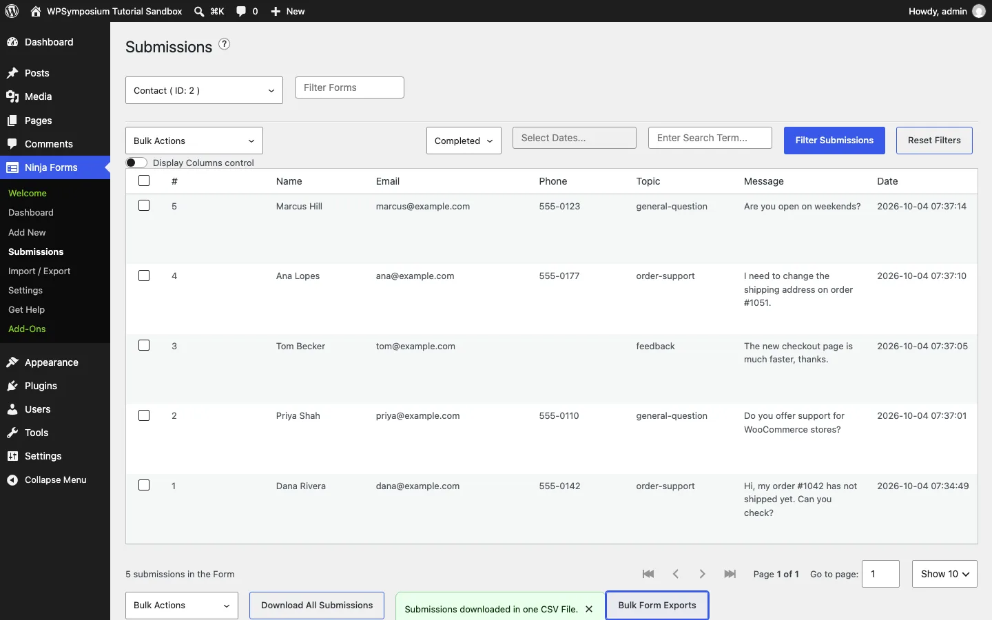 Ninja Forms Submissions screen listing five contact form entries with a notice saying submissions were downloaded in one CSV file