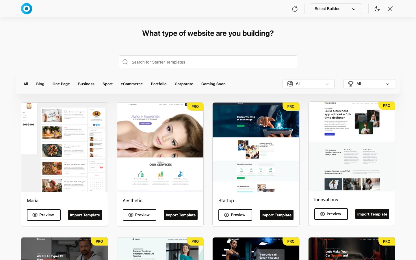 OceanWP Install Demos screen with template categories and Preview and Import Template buttons