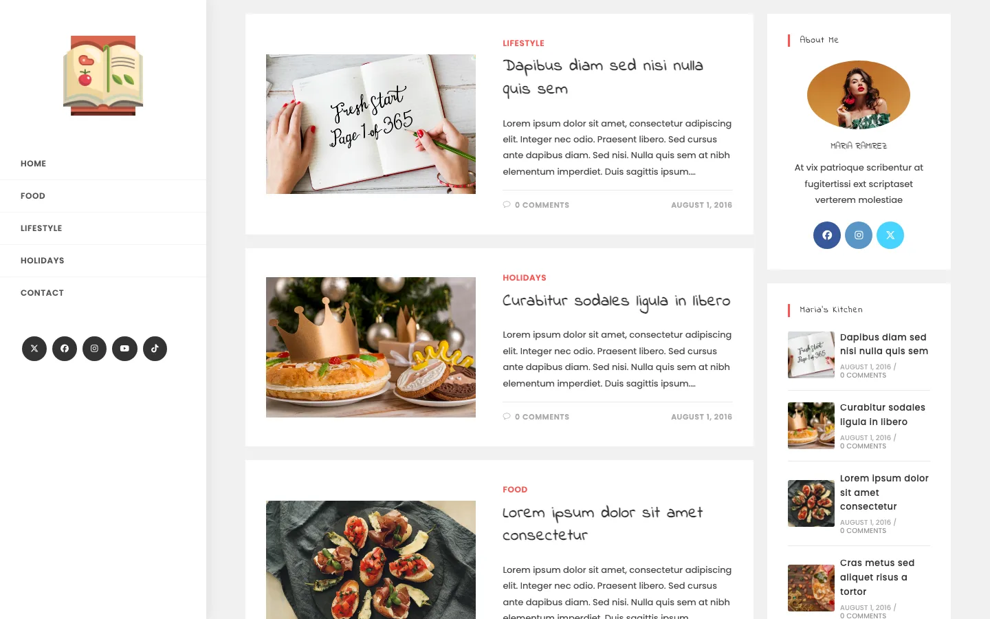 OceanWP Maria demo, a recipe and lifestyle blog with a left side menu, post list and About Me sidebar