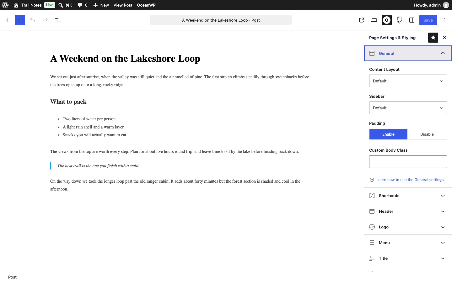 OceanWP Page Settings and Styling panel in the block editor with Content Layout, Sidebar and Padding options