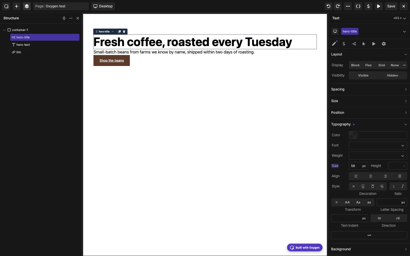The Oxygen 6 editor with the Structure panel listing container-1, hero-title, hero-text and btn on the left, a coffee shop hero section in the canvas, and the Typography controls for the hero-title class on the right with the size set to 56 px
