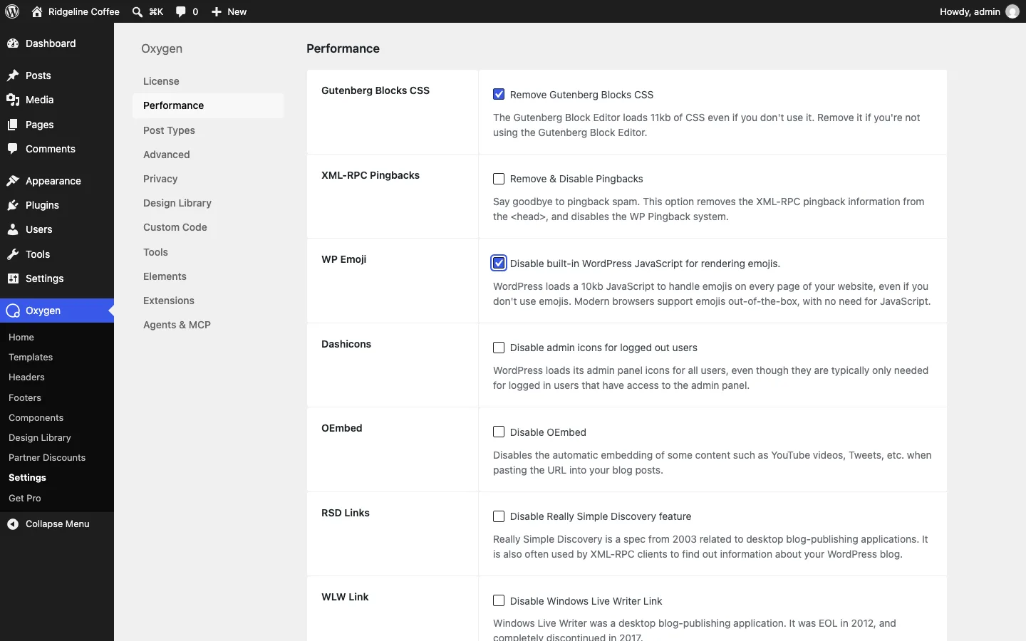 The Oxygen Performance settings tab with Remove Gutenberg Blocks CSS and Disable built-in WordPress JavaScript for rendering emojis ticked, and further options for pingbacks, Dashicons, oEmbed and RSD links