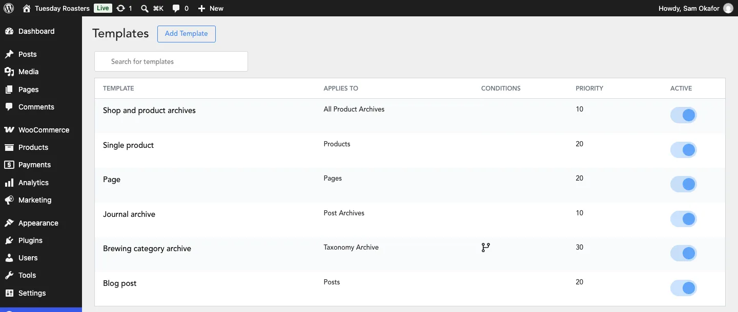 The Oxygen Templates list with templates for shop and product archives, single products, pages, the journal archive, a Brewing category archive with a conditions icon, and blog posts, each with its location, priority and an active toggle