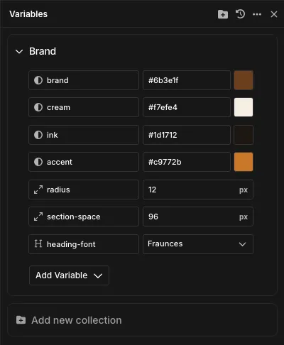 The Oxygen Variables panel with a collection named Brand holding four colors called brand, cream, ink and accent, two pixel units called radius and section-space, and a heading-font variable set to Fraunces