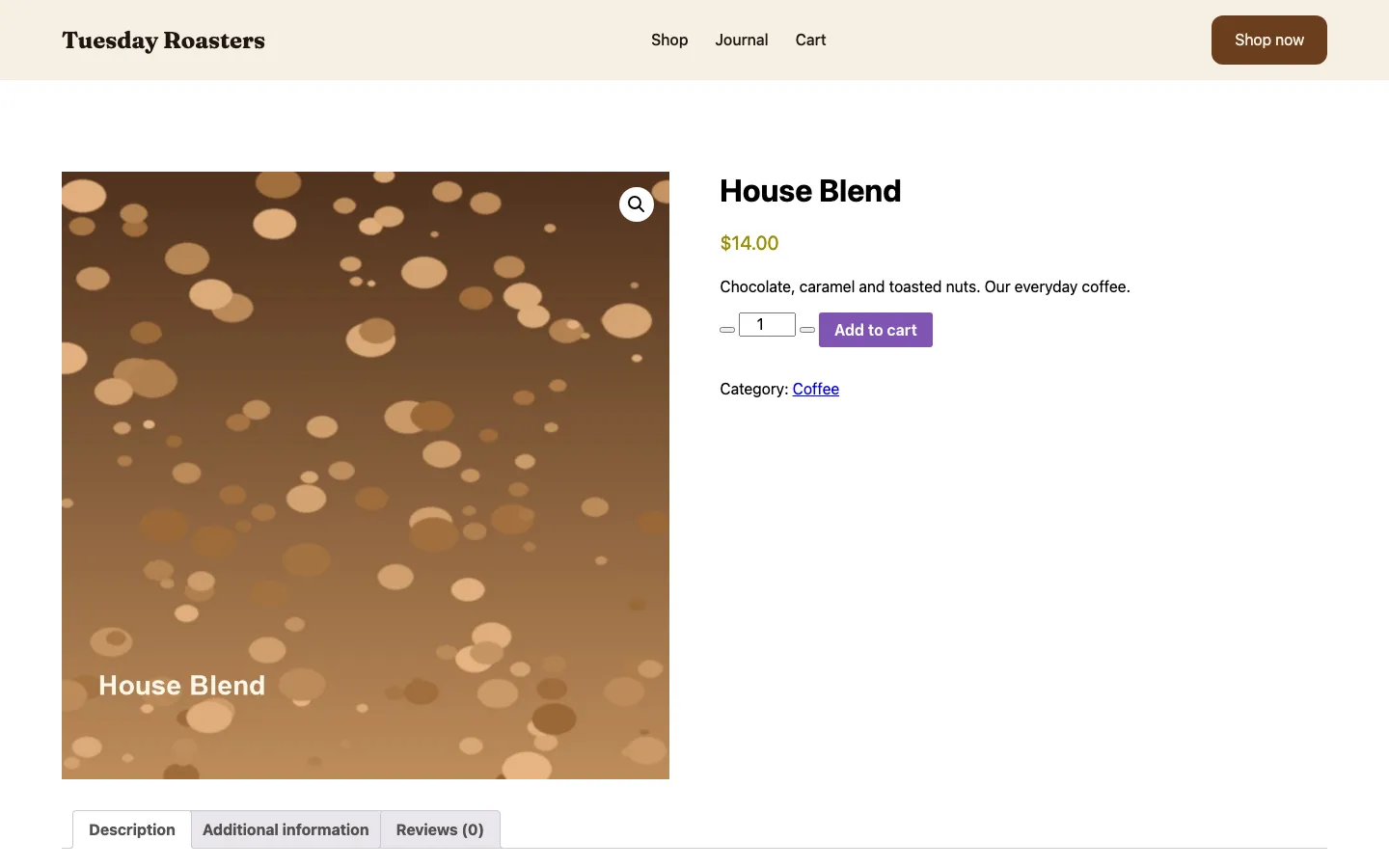 A Tuesday Roasters product page for House Blend, built in Oxygen with WooCommerce’s default output, showing a purple Add to cart button, small unstyled quantity buttons, a blue Coffee category link and grey product tabs