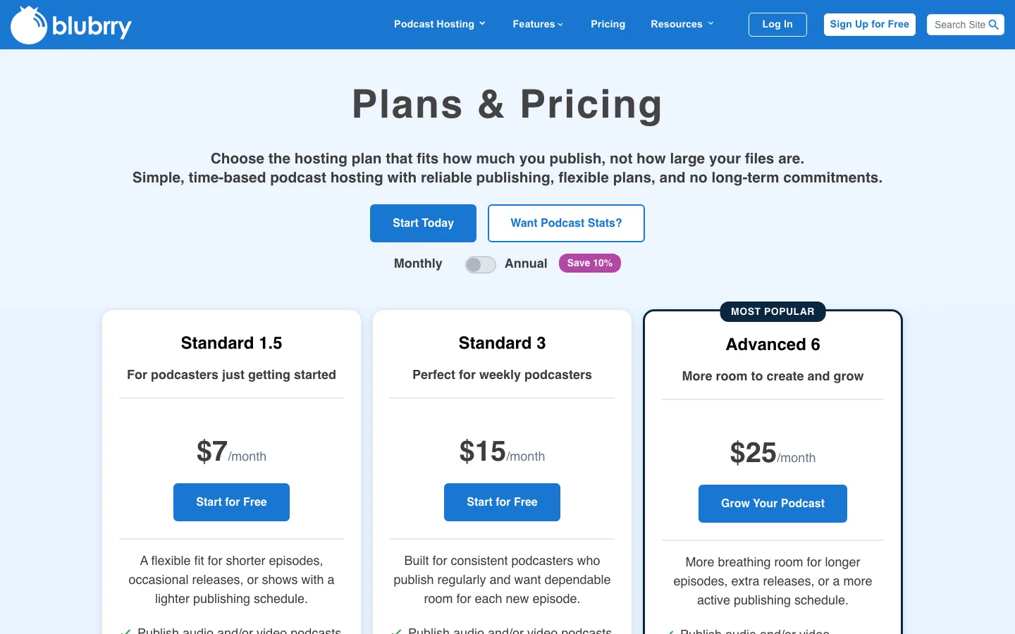 Blubrry Plans and Pricing page with a Monthly and Annual toggle and the Standard 1.5 plan at $7 a month, Standard 3 at $15 a month and Advanced 6 at $25 a month