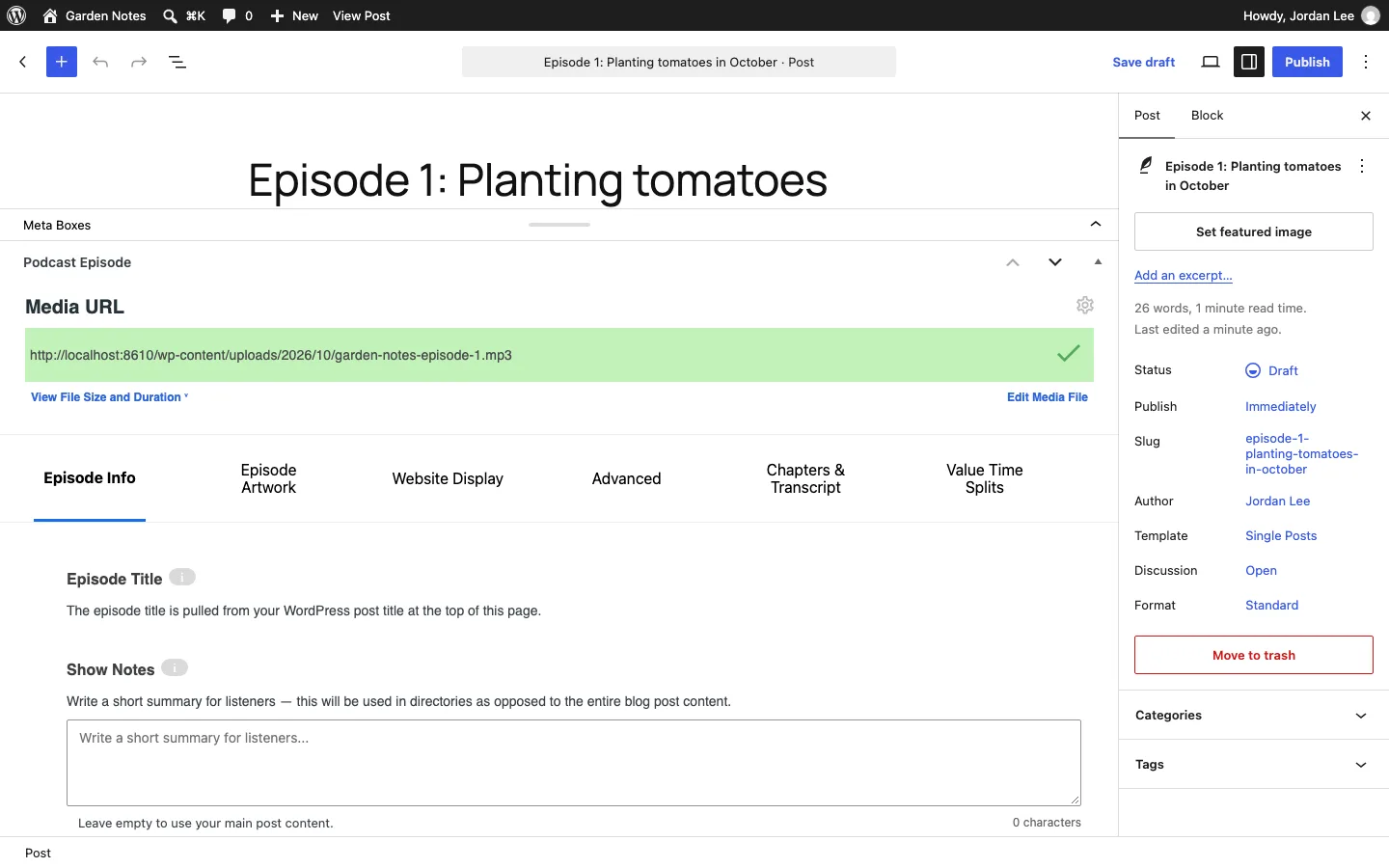 PowerPress Podcast Episode box in the block editor with a verified MP3 URL highlighted in green and tabs for Episode Info, Episode Artwork, Website Display, Advanced, Chapters and Transcript, and Value Time Splits