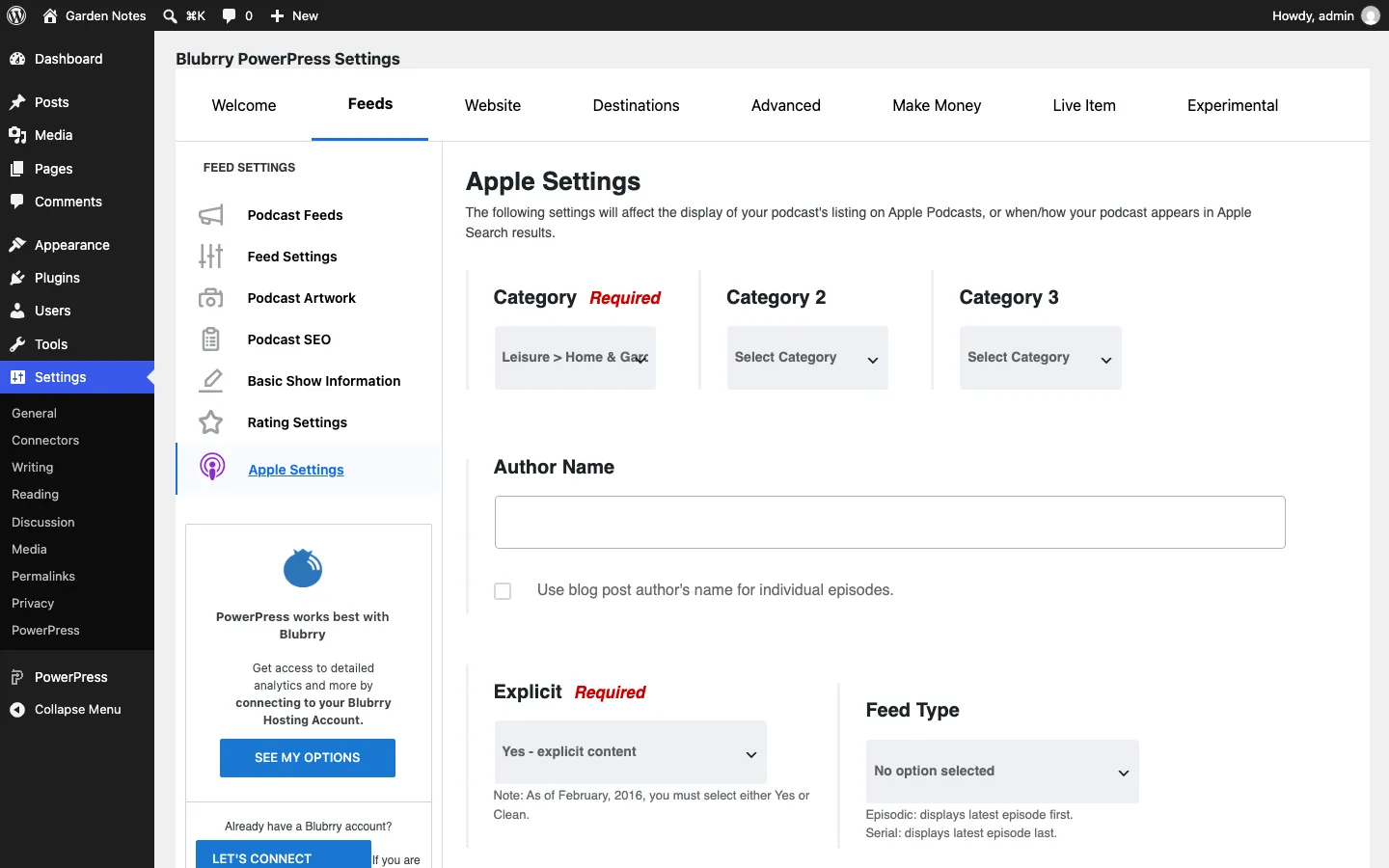 PowerPress Apple Settings screen showing Explicit set to Yes - explicit content, an empty Author Name field and Feed Type with no option selected