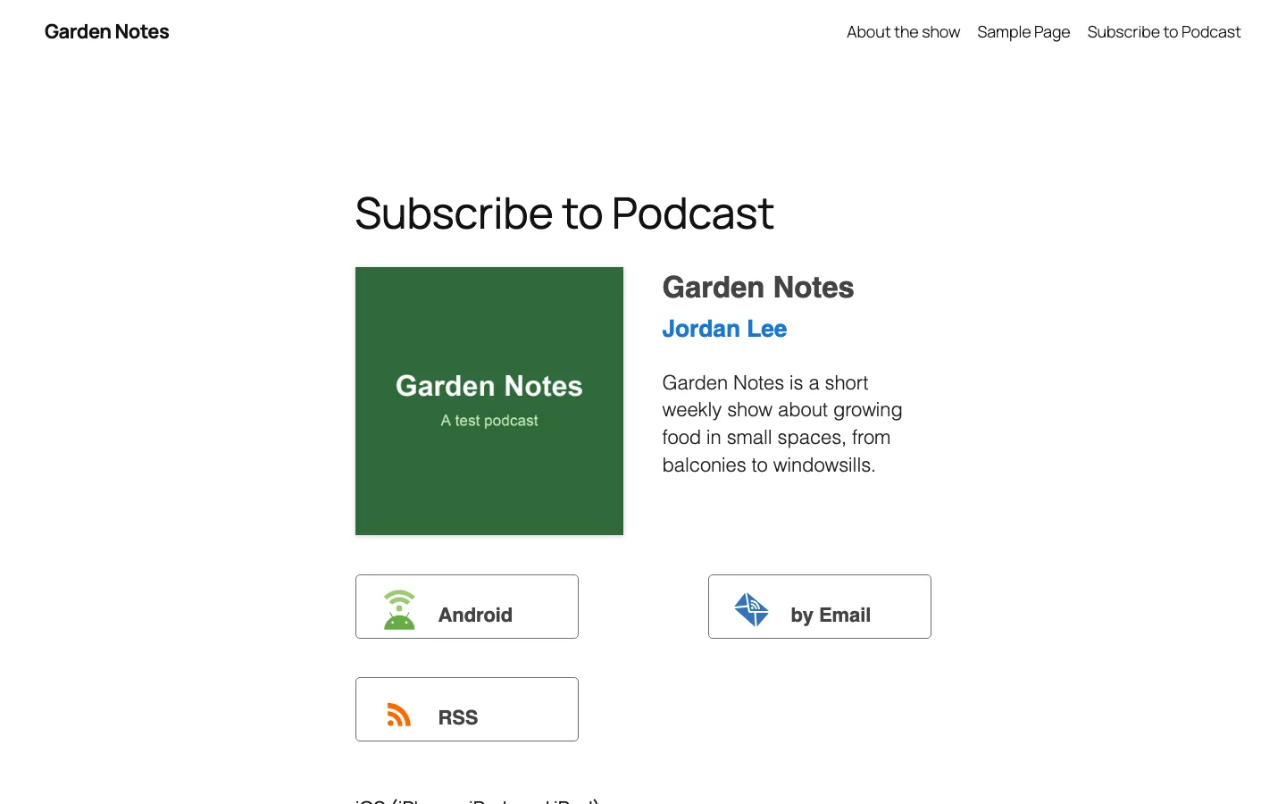 The PowerPress subscribe page with the show cover, title, host name and description, and Android, by Email and RSS subscribe buttons