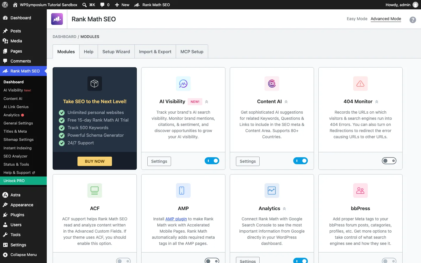 Rank Math modules screen