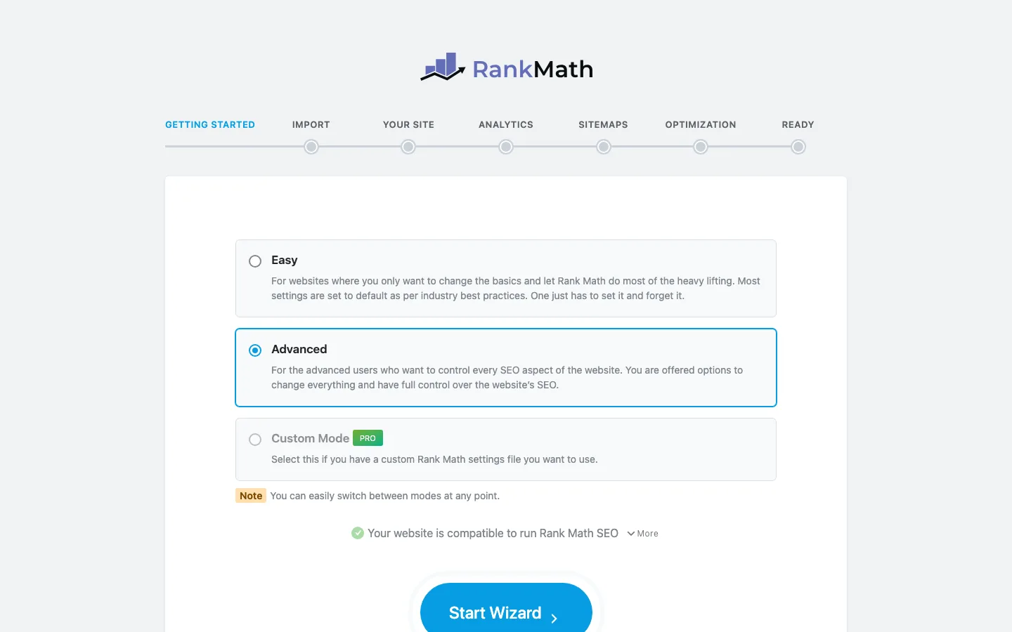 Rank Math setup wizard offering Easy, Advanced and Custom modes
