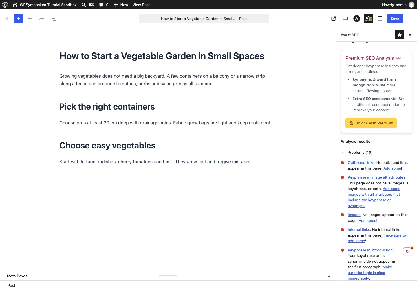 Yoast SEO analysis results in the block editor sidebar