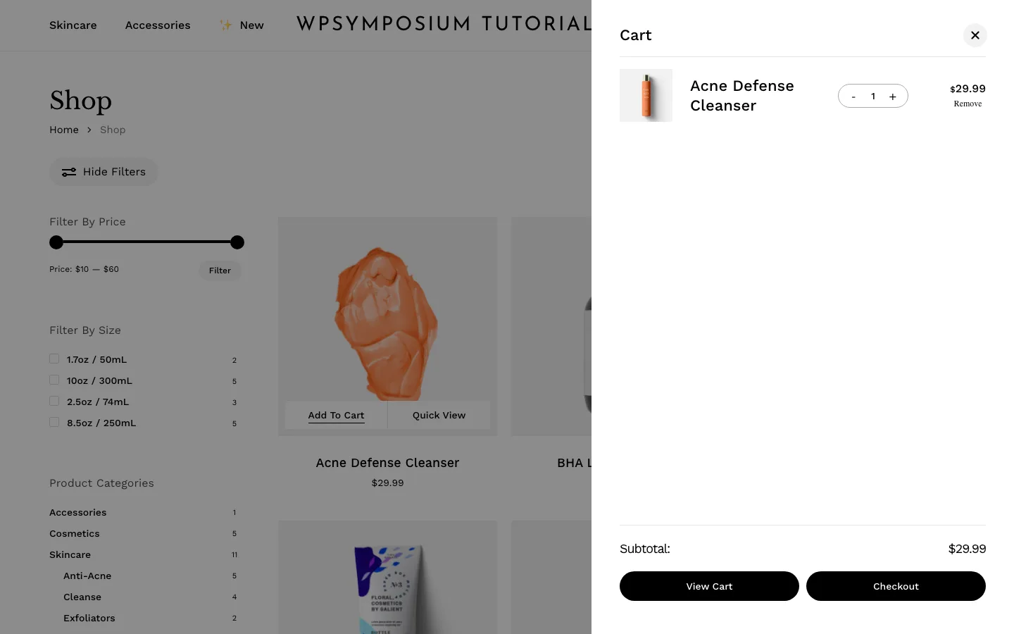 Salient shop page with the off-canvas cart open on the right, showing Acne Defense Cleanser at $29.99 with quantity buttons, a subtotal, and View Cart and Checkout buttons