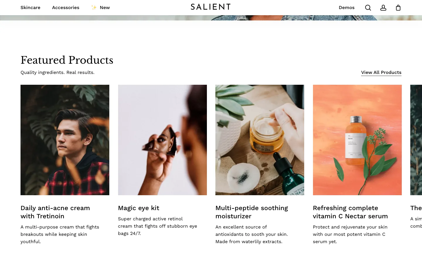 Featured products row on the Salient eCommerce Robust skincare demo