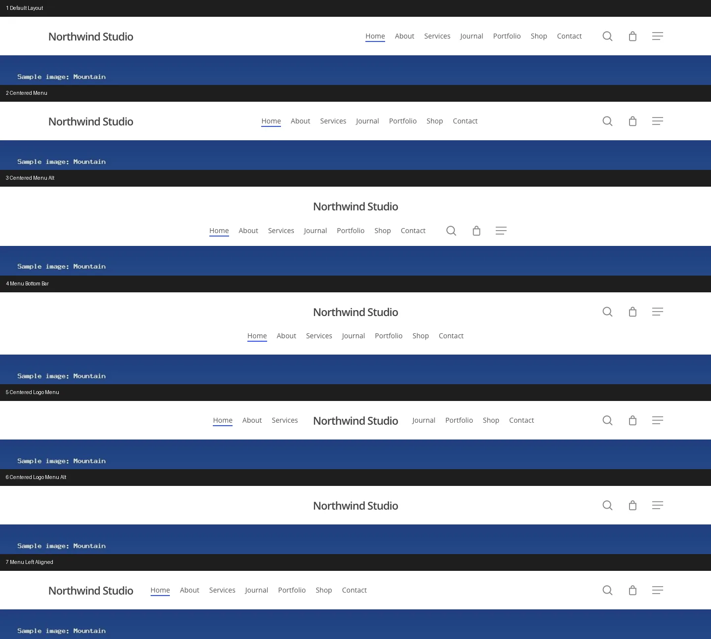 Seven Salient header layouts stacked on our test site: Default, Centered Menu, Centered Menu Alt, Menu Bottom Bar, Centered Logo Menu, Centered Logo Menu Alt with no menu links, and Menu Left Aligned