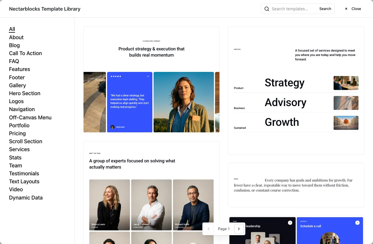 Nectarblocks Template Library window with 21 categories on the left, such as About, Call To Action, Hero Section and Navigation, and template previews for a product strategy hero, a services list and a team section