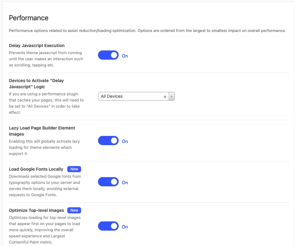 Salient Performance settings with Delay Javascript Execution, Lazy Load Page Builder Element Images, Load Google Fonts Locally and Optimize Top-level Images all switched on