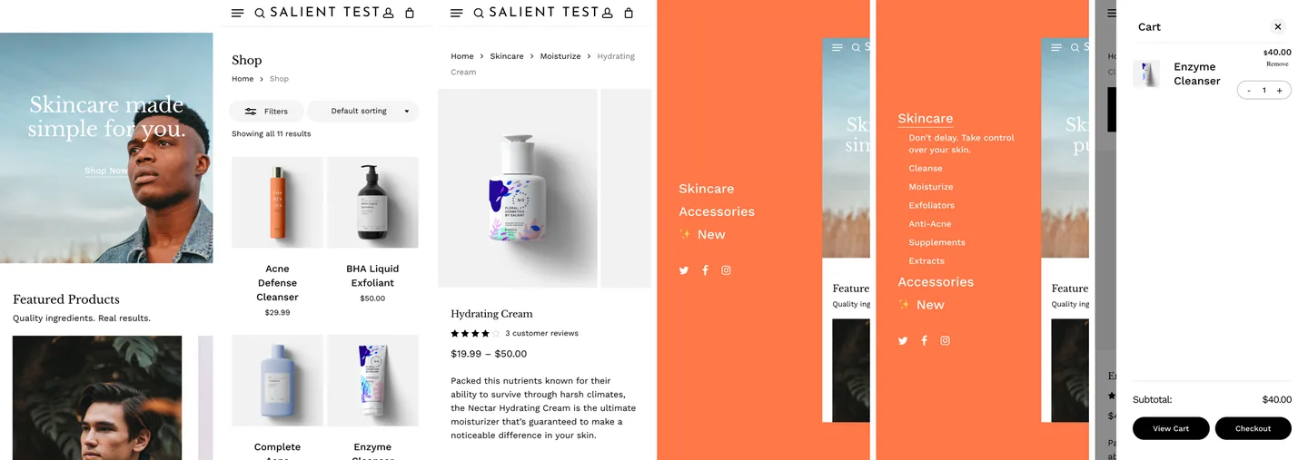Six phone screenshots of the imported shop: the home page hero, the shop grid with a Filters button, the Hydrating Cream product page, the orange slide-out menu, the same menu with the Skincare sub-items open, and the slide-out cart