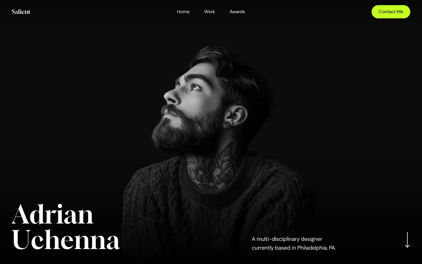 Salient Portfolio Layered demo homepage with a black and white portrait and a large serif name
