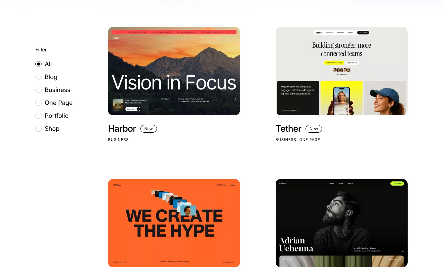 Salient prebuilt websites page with Blog, Business, One Page, Portfolio and Shop filters and the Harbor, Tether and Signal demos