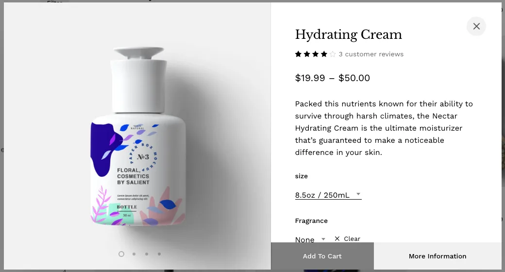 Salient Quick View window for Hydrating Cream with a product image, a price range of $19.99 to $50.00, a size dropdown set to 8.5oz / 250mL, a Fragrance dropdown and Add To Cart and More Information buttons
