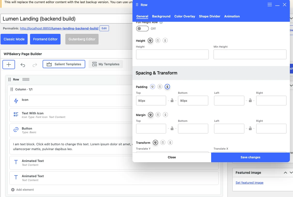 Salient WPBakery backend editor with the Row settings panel open on the General tab, showing Desktop, Tablet and Phone icons next to Height, Padding, Margin and Transform, with 90px padding entered for phones