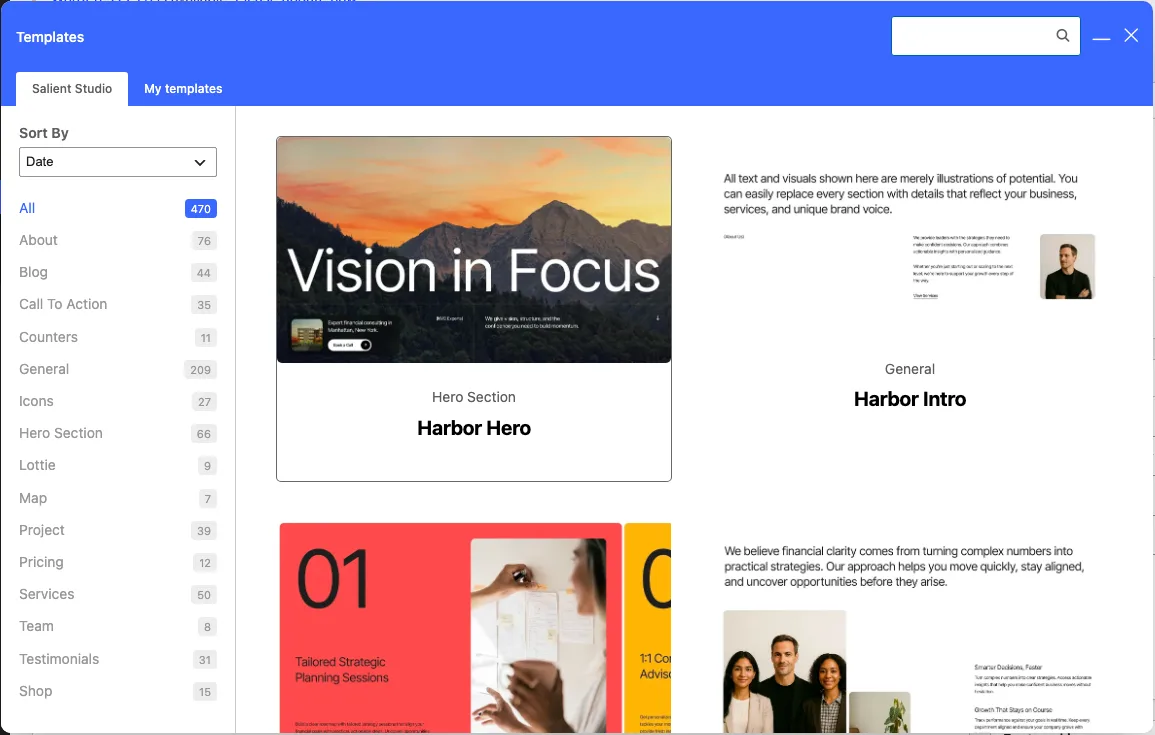 Salient Studio templates window listing 470 templates with category counts on the left, such as General 209, About 76 and Hero Section 66, and Harbor Hero and Harbor Intro previews on the right