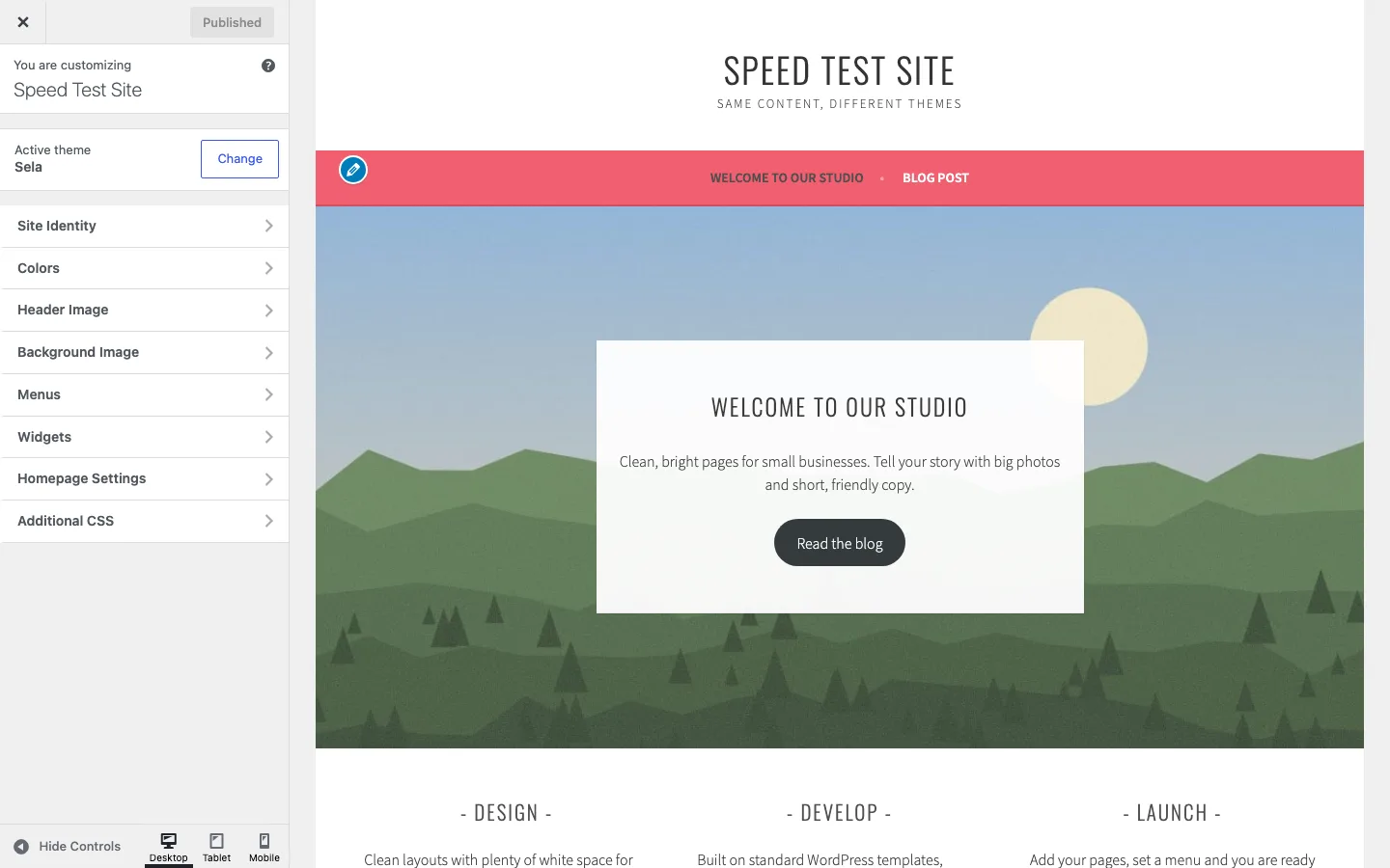 Sela Customizer showing only Site Identity, Colors, Header Image, Background Image, Menus, Widgets, Homepage Settings and Additional CSS panels