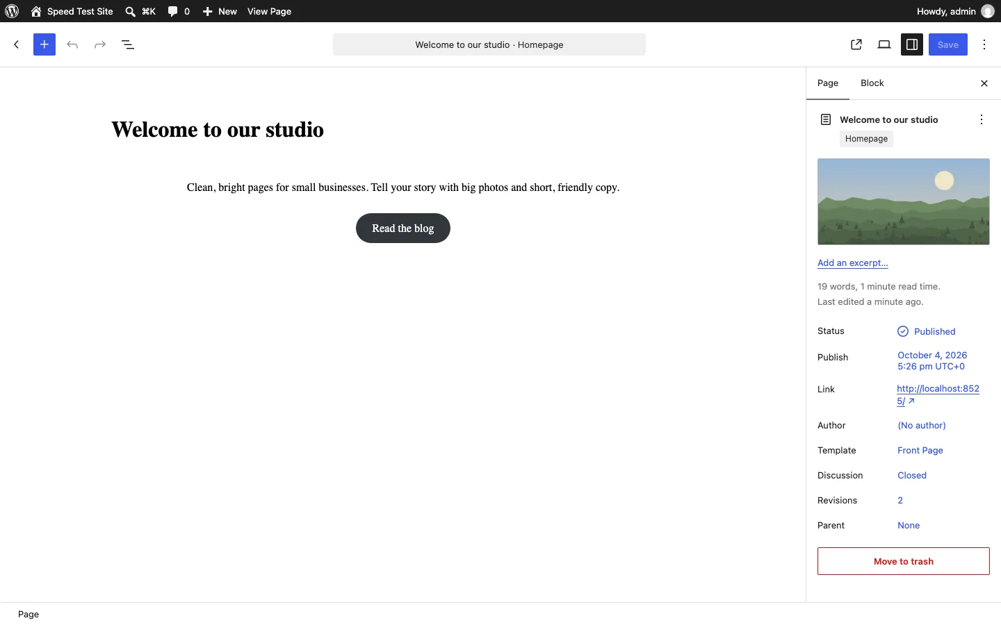 WordPress block editor editing the Sela homepage with the Front Page template selected in the page settings sidebar