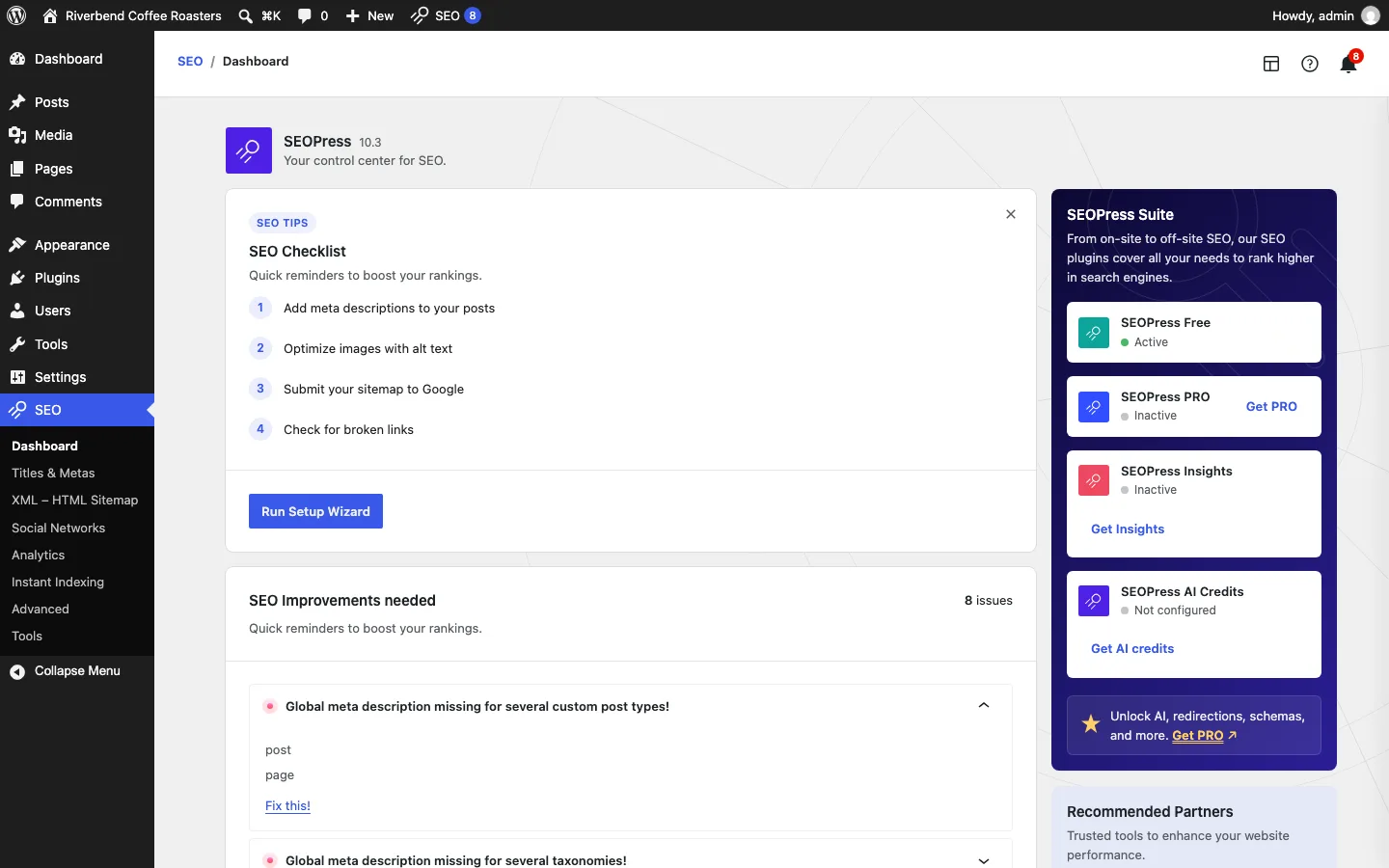 SEOPress dashboard with an SEO checklist, eight suggested improvements and a SEOPress Suite panel listing PRO and Insights as inactive with Get PRO links