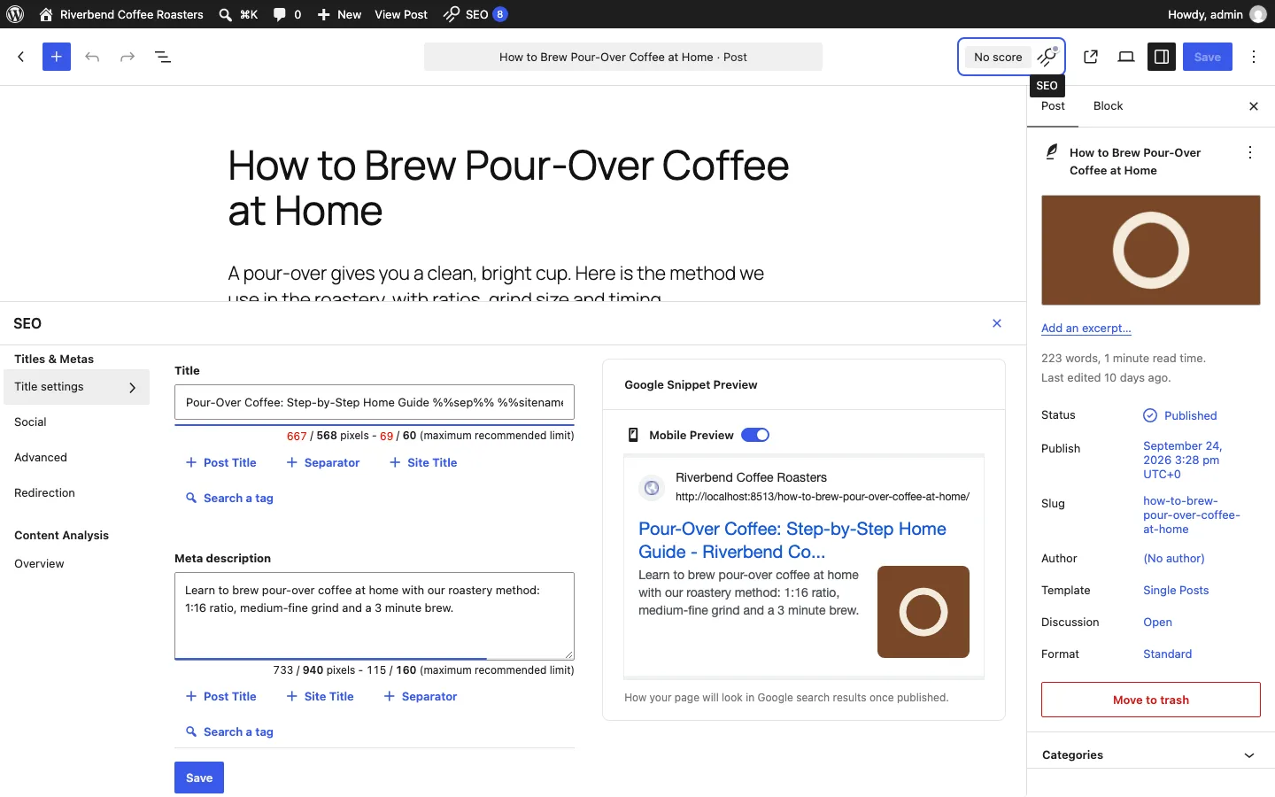 SEOPress SEO panel in the block editor showing a custom title, meta description and a Google snippet preview with the post’s featured image