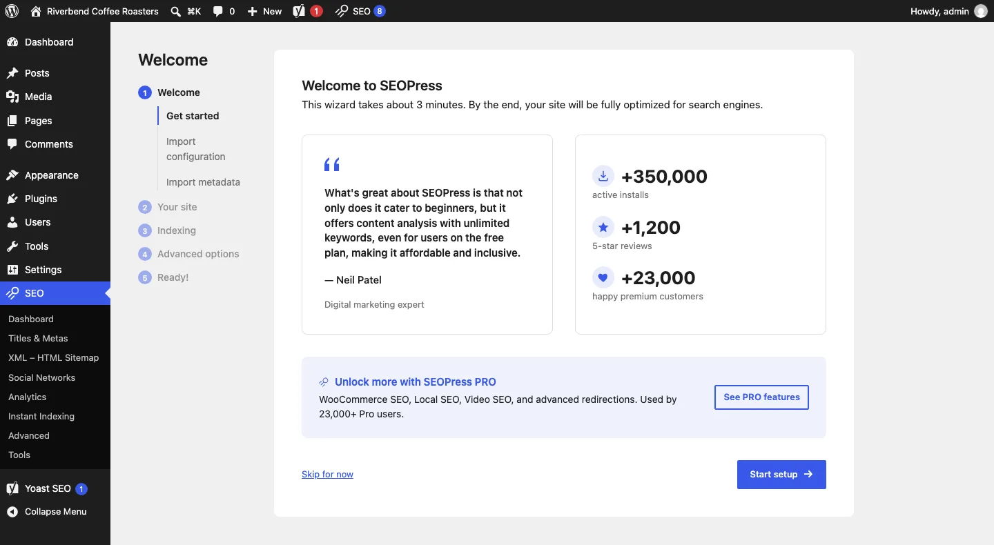 SEOPress setup wizard welcome screen with a five-step list and a PRO promotion box